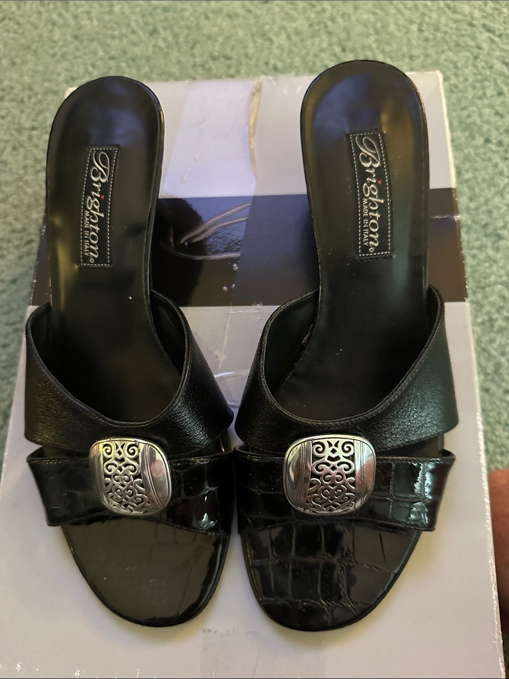 Brighton Black Leather Slide Sandals with Silver Medallions